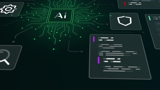 Flat tech interface focusing on artificial intelligence circuit network and software coding programming language.