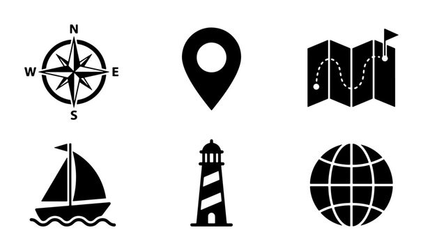 Navigation Icons Set: Compass, Map, Pin, Lighthouse, Sailboat, Globe for Travel & Adventure