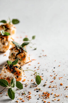 Bright mini-appetizers sit on a white surface, decorated with green leaves and sprinkles, with diagonal movement leading the eye across the scene