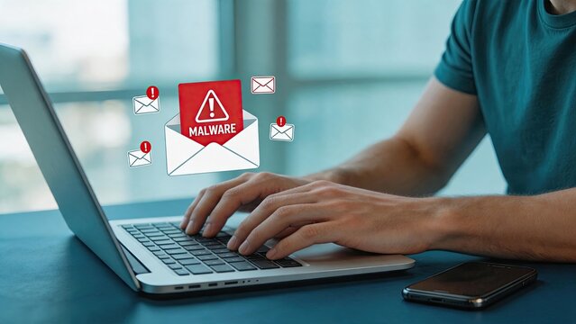 Person typing on laptop with malware warning graphic, cybersecurity threat alert, phishing email attack, computer virus protection, internet security concept, data breach