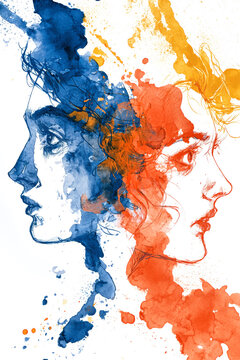 Two human heads, one in dark blue and the other in red. The heads are set against a white backdrop with colorful watercolor splashes around them. Zodiac sign - Gemini