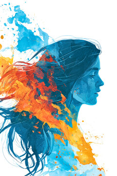 Girl with flowing hair stands still while colorful splashes of paint surround her. Zodiac sign - Virgo