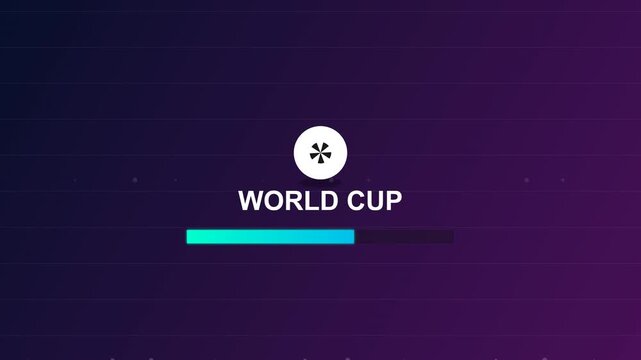 A graphic displaying the text "WORLD CUP" with a stylized asterisk icon above and a progress bar below, set against a dark purple gradient background with subtle light effects.