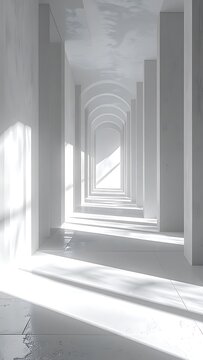 Long white corridor with sunlight shining.