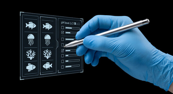 Scientist in blue glove uses stylus on futuristic screen with aquatic life and pH level data.