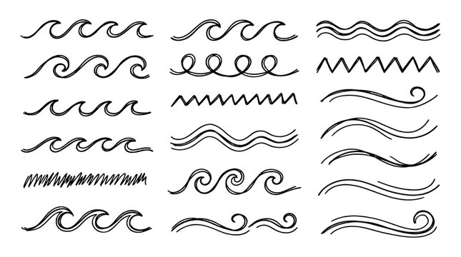 Hand drawn wave line doodle icon set on white background
