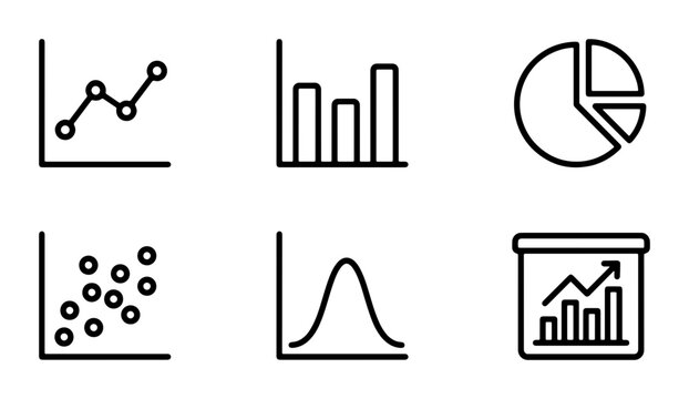 Business Data Icons Set: Line Graph, Bar Chart, Pie Chart, Scatter Plot, Bell Curve, Presentation