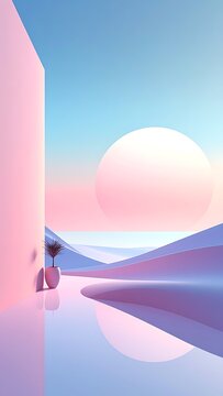 Surreal desert landscape with pink building.