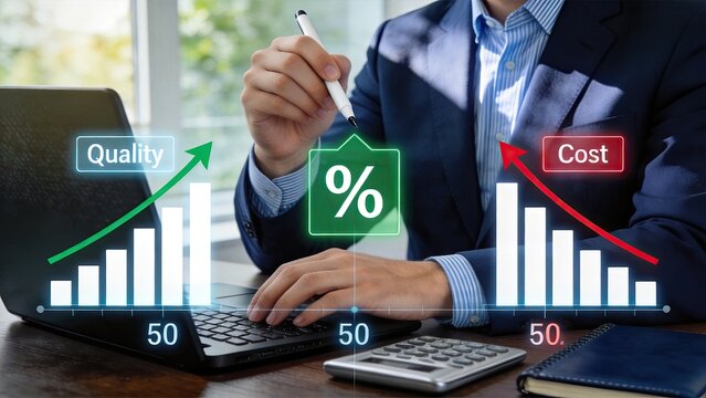 Businessman pointing at quality increasing and cost decreasing bar graphs with percentage symbol, illustrating efficient resource allocation and budget optimization for maximizing