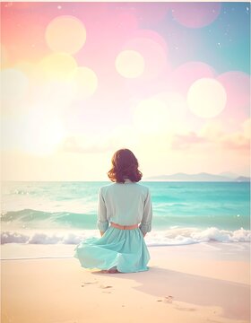 Woman sitting on beach watching sunset.
