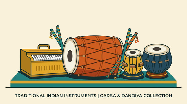 This flat design illustration showcases traditional Indian musical instruments like the Dhol, Tabla, and harmonium, integral to Navratri Garba and Dandiya performances.