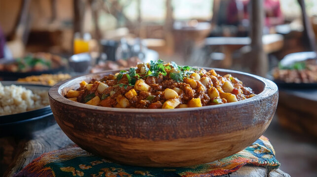 Authentic Mexican Picadillo stew with ground beef and potatoes in a rustic wooden bowl, garnished with cilantro, served on a colorful fabric runner in a cozy traditional restaurant environment.