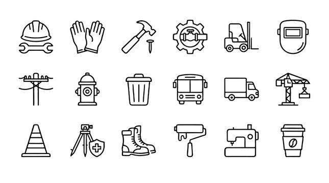 Blue collar jobs thin line icon set with tools and vehicles