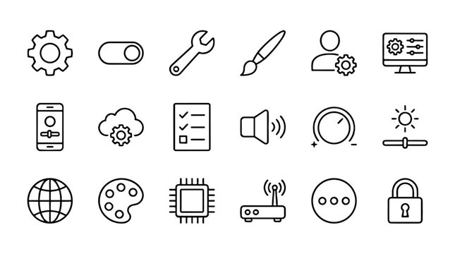 Settings and customization thin line icon set