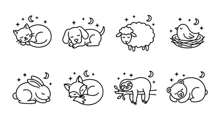 Obraz premium Sleeping animal outline icon set with cute nocturnal doodles