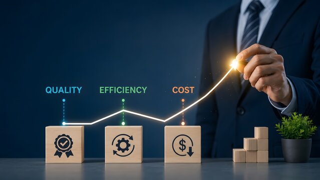Businessman drawing glowing upward trend line over wooden blocks with quality, efficiency and cost icons, illustrating corporate growth and strategic optimization