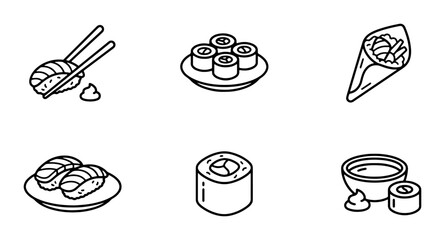 Japanese Sushi Icons, Vector Food Illustrations, Asian Cuisine Graphics, Simple Line Art © Salman