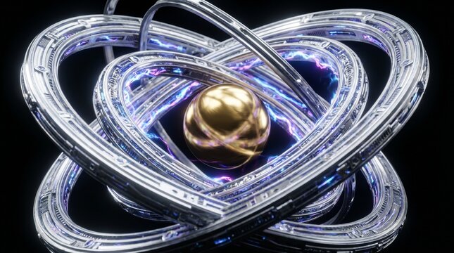 Futuristic quantum computing atom model with gold core and glowing metallic rings
