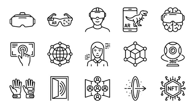 Virtual reality, augmented reality and metaverse line icon set