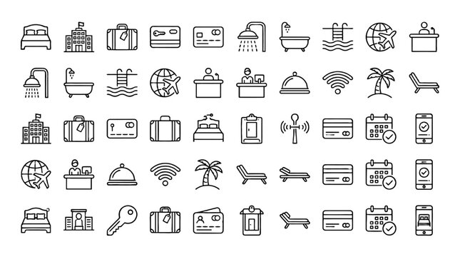 Hotel and accommodation thin line travel service icon set