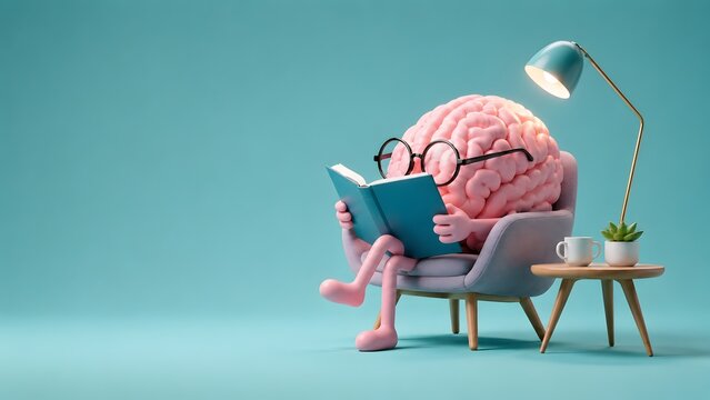 Pink brain character wearing glasses reading a book in an armchair under a lamp, symbolizing education, continuous learning and mental intelligence