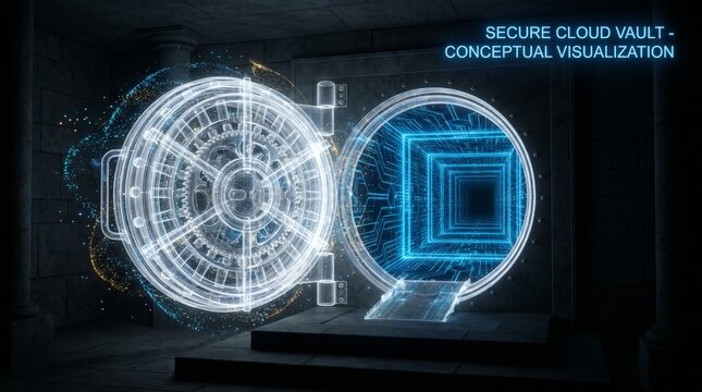 Futuristic glowing holographic bank vault door opening to digital cyber tunnel