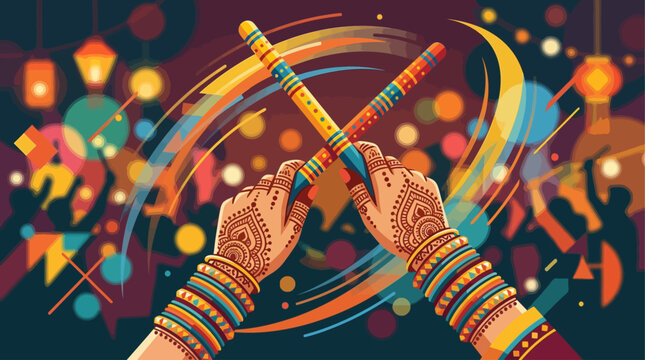 A vibrant flat design illustration showcases hands adorned with bangles and henna, gracefully holding Dandiya sticks during a lively Navratri celebration.