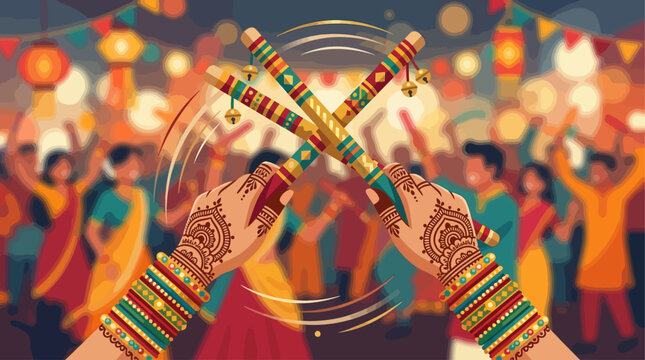 A vibrant flat design illustration showcases hands adorned with bangles and henna, gracefully holding Dandiya sticks during a lively Navratri celebration.