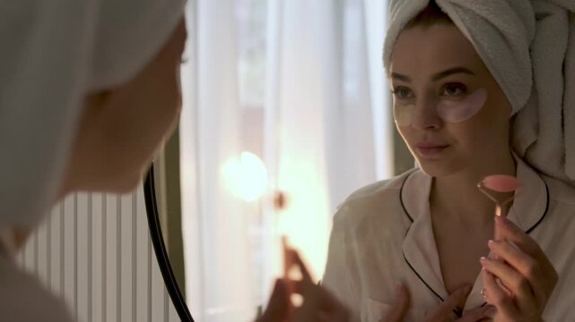 Young woman with a towel wrapped around her hair using a rose quartz facial roller while wearing under eye patches in front of a mirror. Home skincare, beauty treatment and self care wellness concept