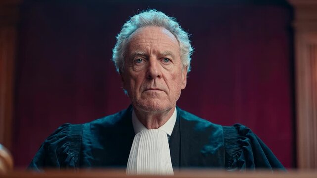 Serious judge in robes presiding over a court session with a stern expression. A distinguished senior judge wearing traditional judicial robes