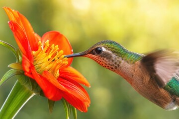Obraz premium Hummingbird hovering to drink nectar from vibrant orange flower in sunny summer garden, close-up macro shot showing fine feather details