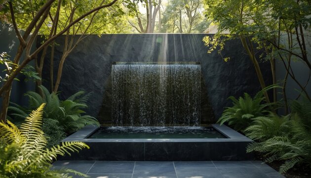 There is a small waterfall in the middle of a garden
