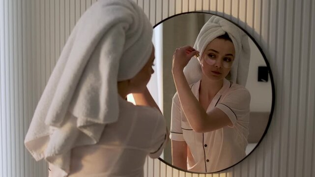 Young woman with a towel wrapped around her hair applying under eye patches while looking in a mirror at home. Morning skincare, beauty treatment and self care wellness concept