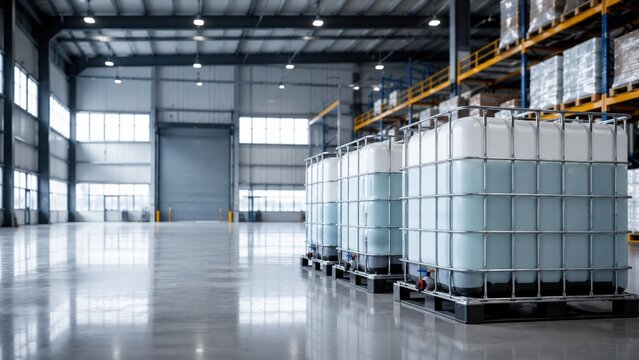 IBC Chemical Containers in Modern Logistics Warehouse with Copy Space