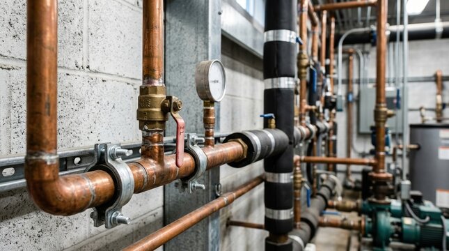 Industrial copper plumbing pipes and valves in a mechanical room. Close up of water heating system with pressure gauge and brass fittings. HVAC infrastructure and maintenance concept