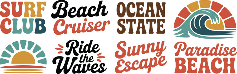 Surf collection with retro designs featuring waves, sun, and beach elements, perfect for surf state, beach cruiser, and paradise themes. © Sanjida Studio