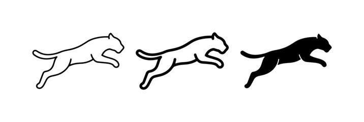 Leaping Big Cat Vector Icons, Silhouette and Outline Styles, Wild Animal Graphics © Liyana