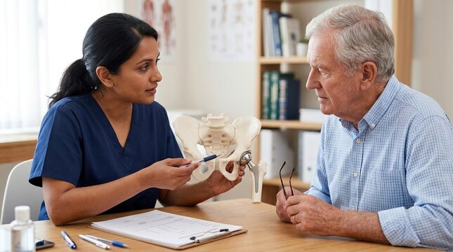 Female doctor explaining hip replacement to senior patient. Orthopedic surgeon using pelvic bone model for medical consultation. Healthcare and patient education for elderly man