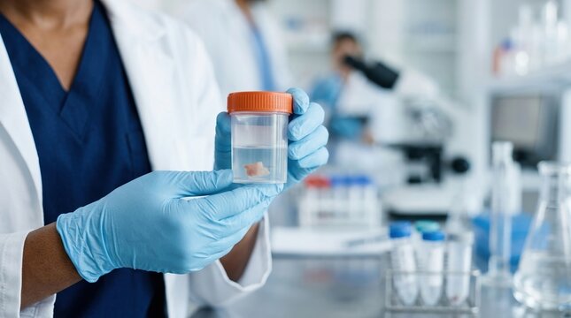 Scientist holding a tissue sample in a laboratory container. Medical professional with biopsy specimen for pathology analysis. Healthcare and scientific research concept