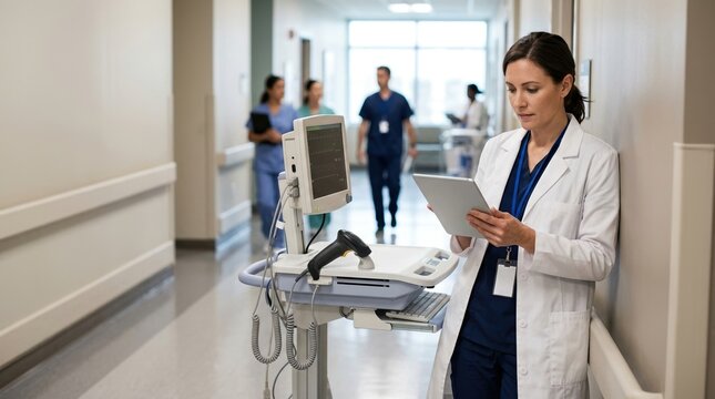 Female doctor using a digital tablet in a hospital corridor. Professional woman in white coat and scrubs working with medical technology. Healthcare and digital records concept