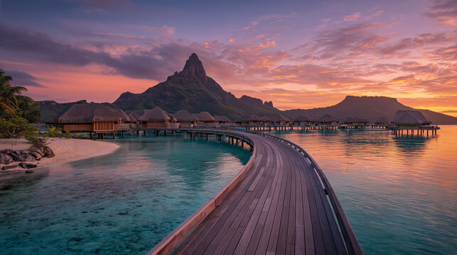 Beautiful, luxurious overwater bungalows with wooden walkways in a tropical lakeside resort, perfect for sunsets and mountain peak views.