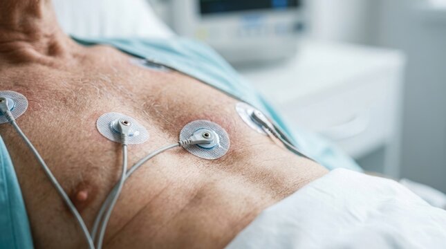 Close up of ECG electrodes on an elderly patient's chest. Heart rate monitoring in a hospital room. Cardiology and medical diagnostic concept