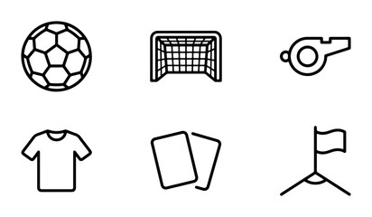 Soccer Icons Set: Ball, Goal, Whistle, Jersey, Cards, Flag. Football Sport Graphics Collection. © Jesmin