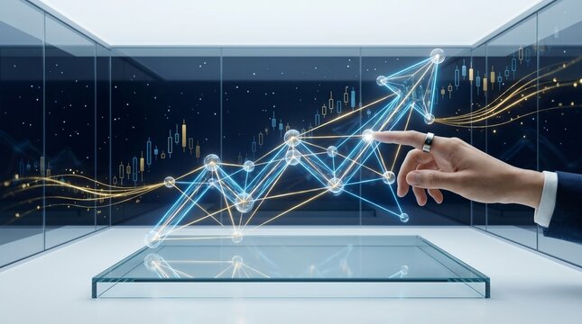 Human hand interacting with a vibrant holographic data visualization, illustrating exponential business growth and technological progress, symbolizing future success and innovation