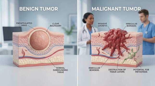 Medical illustration comparing benign and malignant tumors. 3D cross section models showing encapsulated mass versus invasive growth with text labels. Oncology and pathology education concept