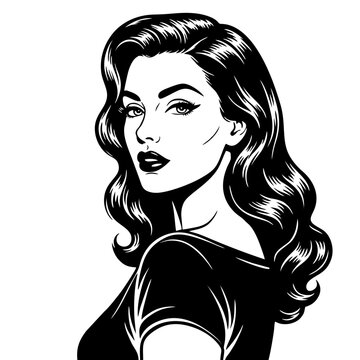 Portr&auml;tzeichnung einer attraktiven Frau im Retro- und Pin-up-Stil auf wei&szlig;em Hintergrund - Vektorgrafik