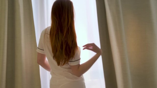 Young woman with long red hair standing by a window and opening curtains to let natural daylight into a bright bedroom. Morning routine, peaceful home lifestyle scene