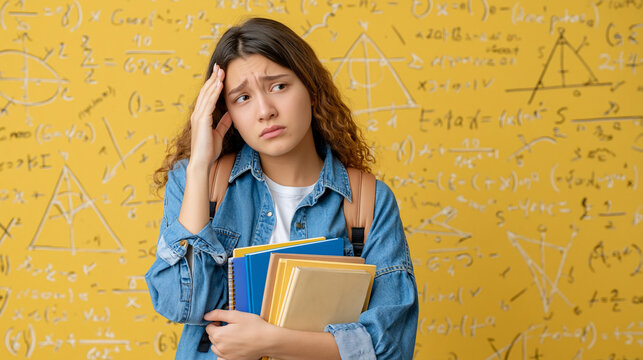 Struggling Student: A young student clutches books tightly, her brow furrowed in concentration and a look of worry on her face as she stands before a wall covered in complex mathematical equations.