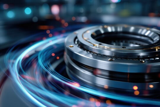 Industrial metallic bearing with dynamic glowing light trails illustrating high-speed technology and advanced mechanical engineering innovation concept