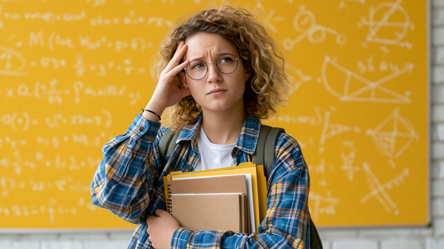 Confused Student Before Math Exam: A young female student with curly hair and glasses looks stressed and confused as she stands in front of a yellow board filled with complex mathematical equations.